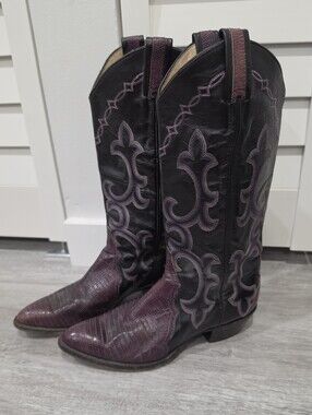 Vintage Larry Mahan Teju Lizard & Purple & Black Leather Cowboy Boots Sz. 7.5